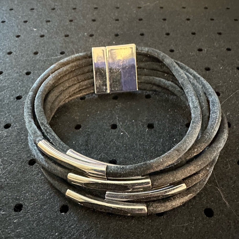 Multi-Strand Gray Suede Wrap Bracelet with Silver Accents